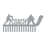A laser-cut steel wall decor piece featuring silhouettes of a hockey player and a goalie on either side of the word 'COACH'. The design is integrated into a hockey stick shape at the bottom, with vertical slats resembling the stick's blade.